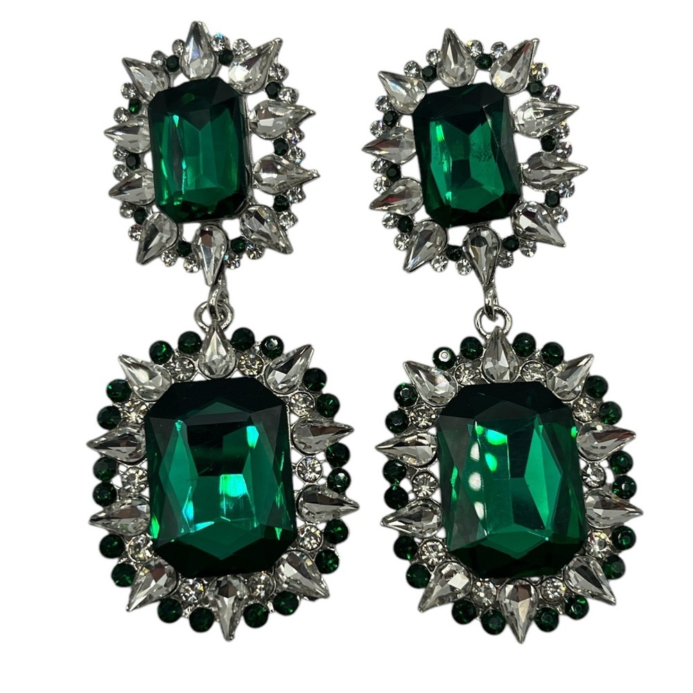 Chunky Art Deco Style Drop Silver Earrings Clear and Emerald Toned Crystals